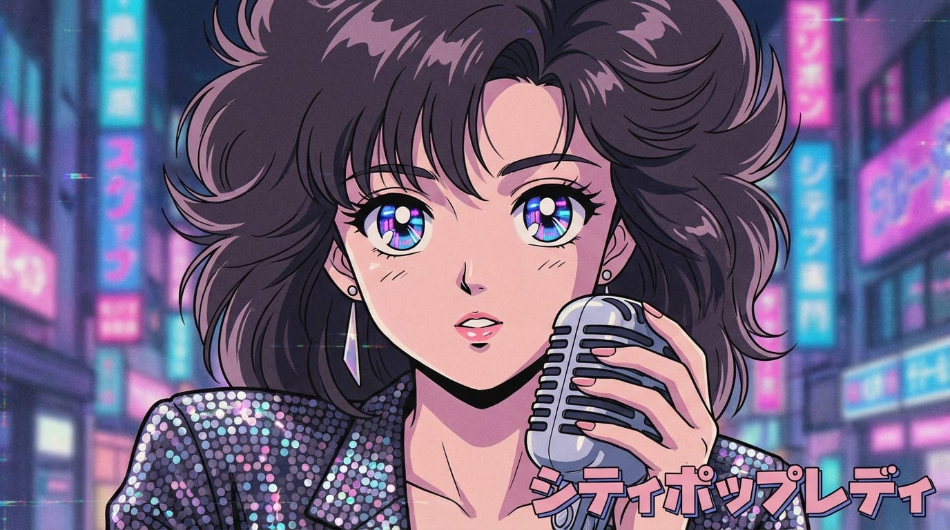 Retro 80s anime style, close up of a female city pop singer holding a microphone, neon lights reflecting in eyes, fluffy hair, cel shaded, vintage aesthetic, slight film grain, high resolution