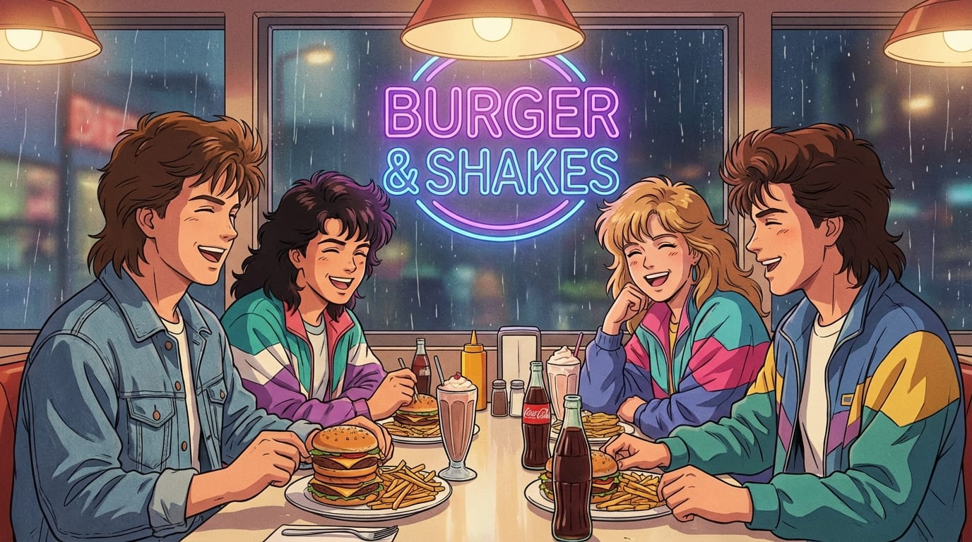 80s anime style, group of friends at a burger diner, neon sign outside window, detailed food, laughing, vintage fashion, cel shaded