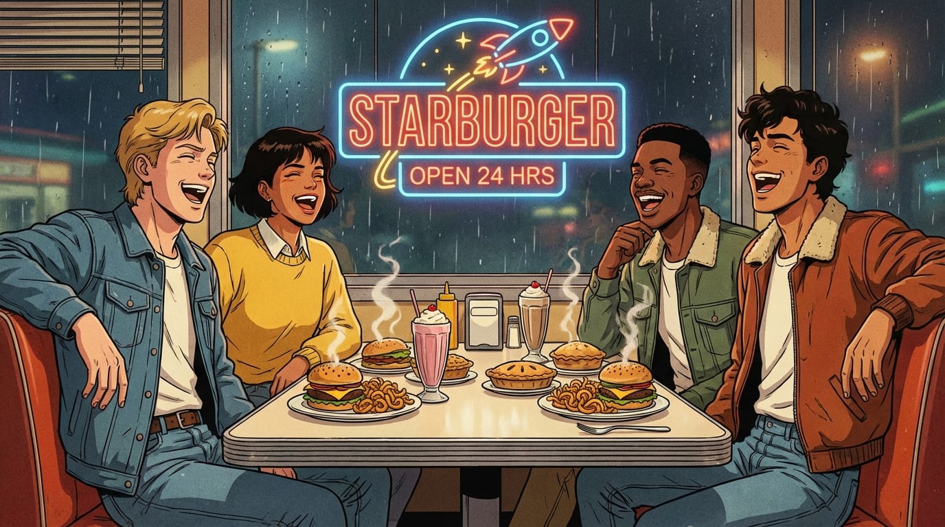 80s anime style, group of friends at a burger diner, neon sign outside window, detailed food, laughing, vintage fashion, cel shaded