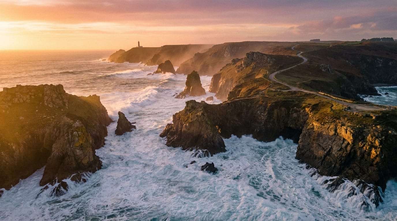 Cinematic outdoor shooting style, wide angle drone shot of a rugged coastline with crashing waves, golden hour lighting, 4k realism