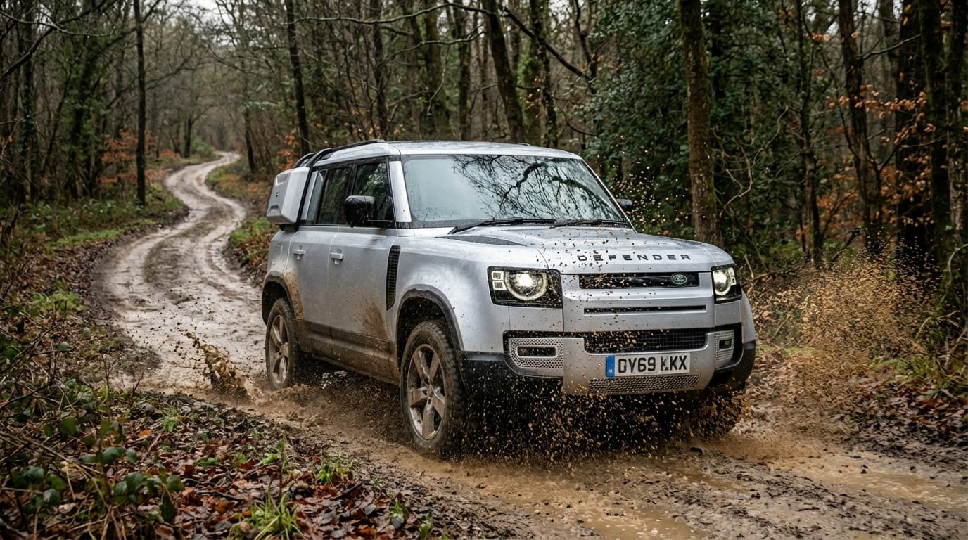 Outdoor shooting style, a silver SUV driving through a muddy forest road, splashing water, dynamic camera angle, realistic lighting, 8k