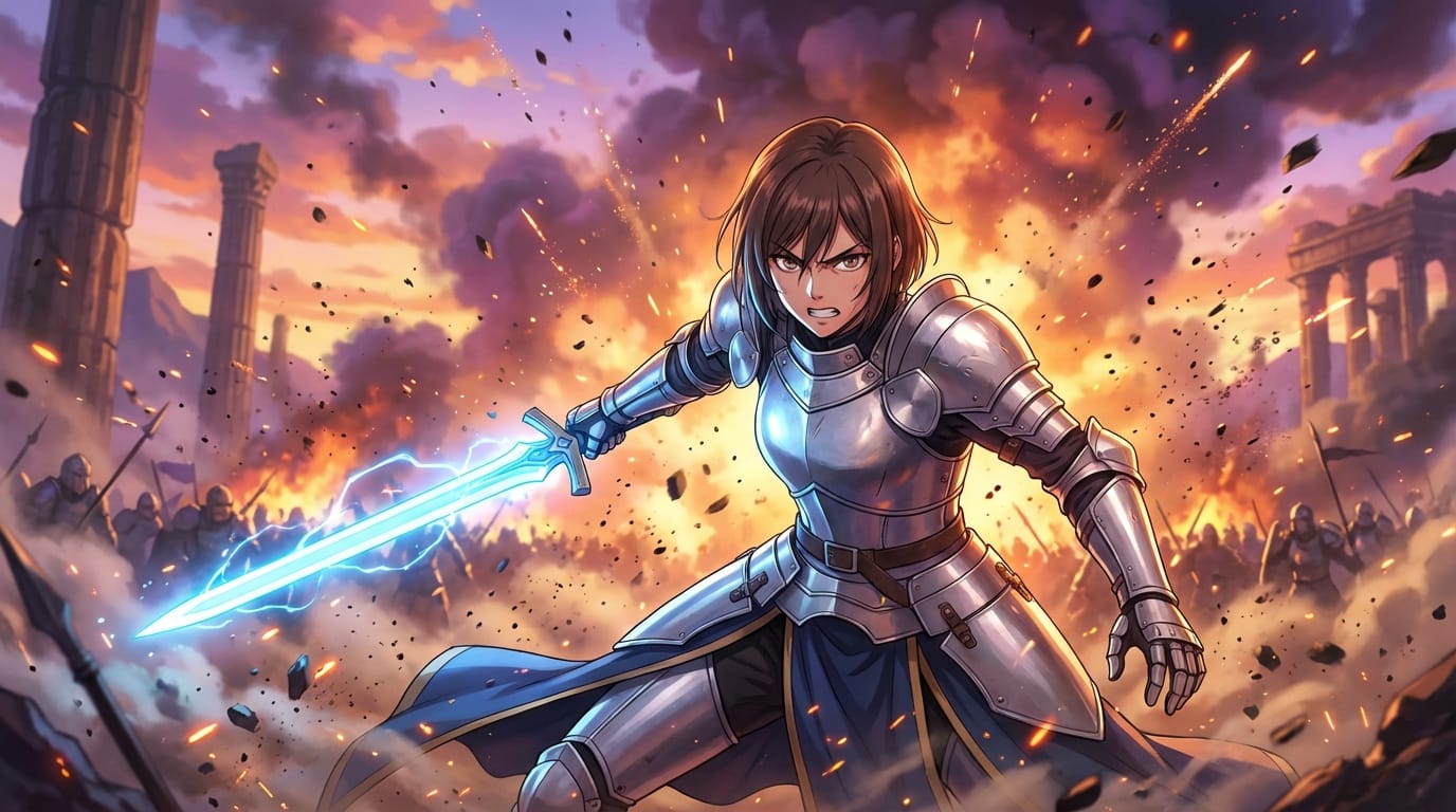 masterpiece, best quality, dynamic angle, 1girl, anime style, female knight, silver armor, glowing sword, epic battlefield, explosions in background, high contrast, vivid colors, intense expression, flying debris, detailed particles, 8k resolution