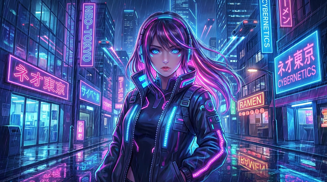 vibrant anime girl, neon city background, glowing eyes, high saturation, cyberpunk style, intense colors, detailed reflection