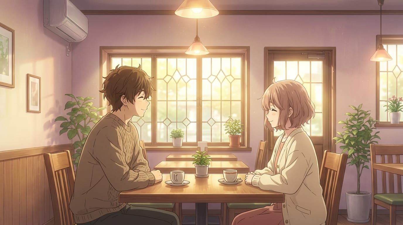 anime style, 1boy and 1girl, sitting in a cafe, sunlight streaming through window, coffee cups on table, relaxed atmosphere, soft lighting, pastel colors, high detail, kyoto animation style, emotional, heartwarming