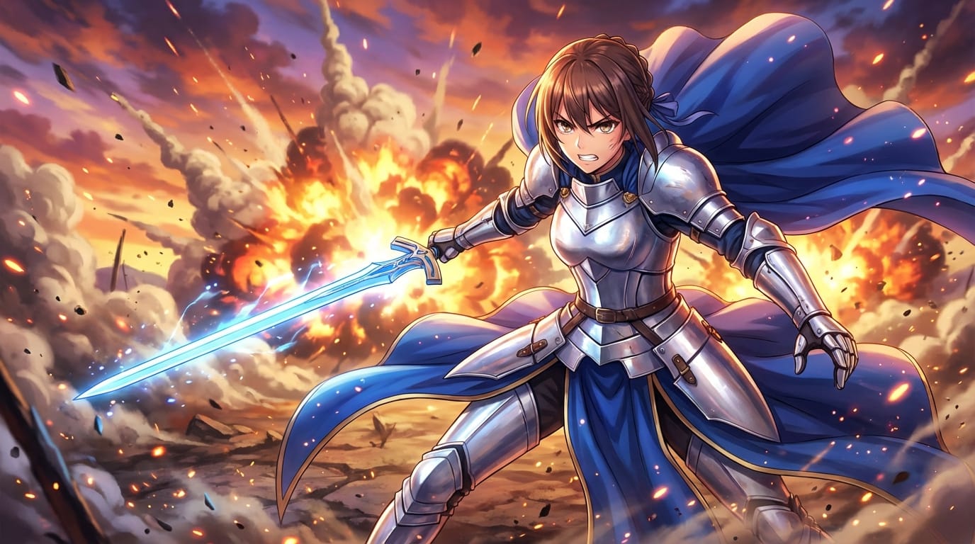 masterpiece, best quality, dynamic angle, 1girl, anime style, female knight, silver armor, glowing sword, epic battlefield, explosions in background, high contrast, vivid colors, intense expression, flying debris, detailed particles, 8k resolution