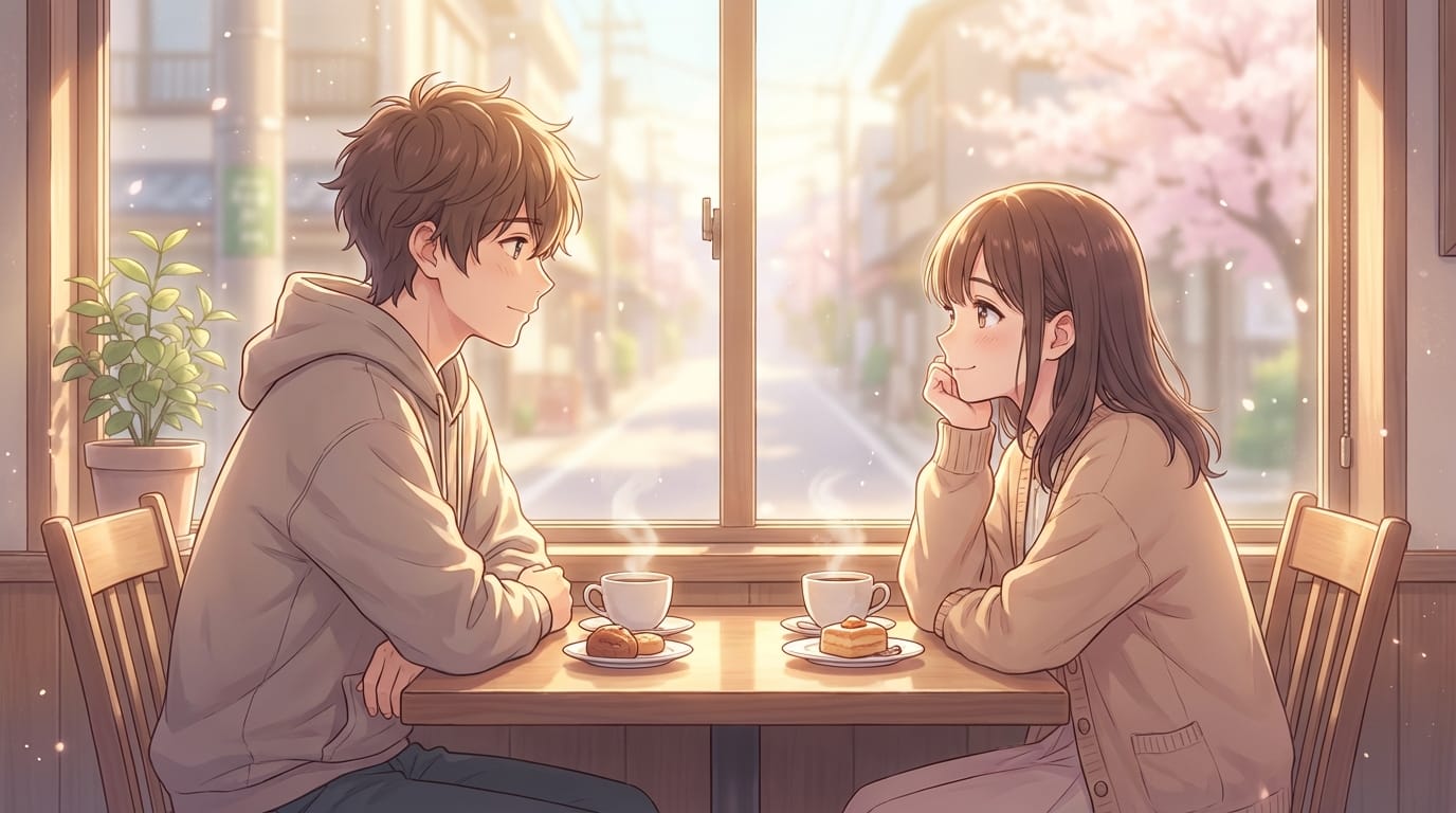 anime style, 1boy and 1girl, sitting in a cafe, sunlight streaming through window, coffee cups on table, relaxed atmosphere, soft lighting, pastel colors, high detail, kyoto animation style, emotional, heartwarming