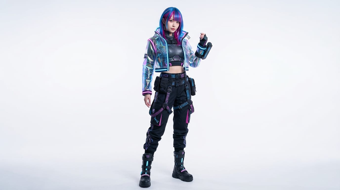 full body shot, character design, anime girl, futuristic techwear, cyberpunk fashion, transparent jacket, neon trim, white background, studio lighting, sharp focus, intricate details on clothing, high saturation, vivid blue and pink theme