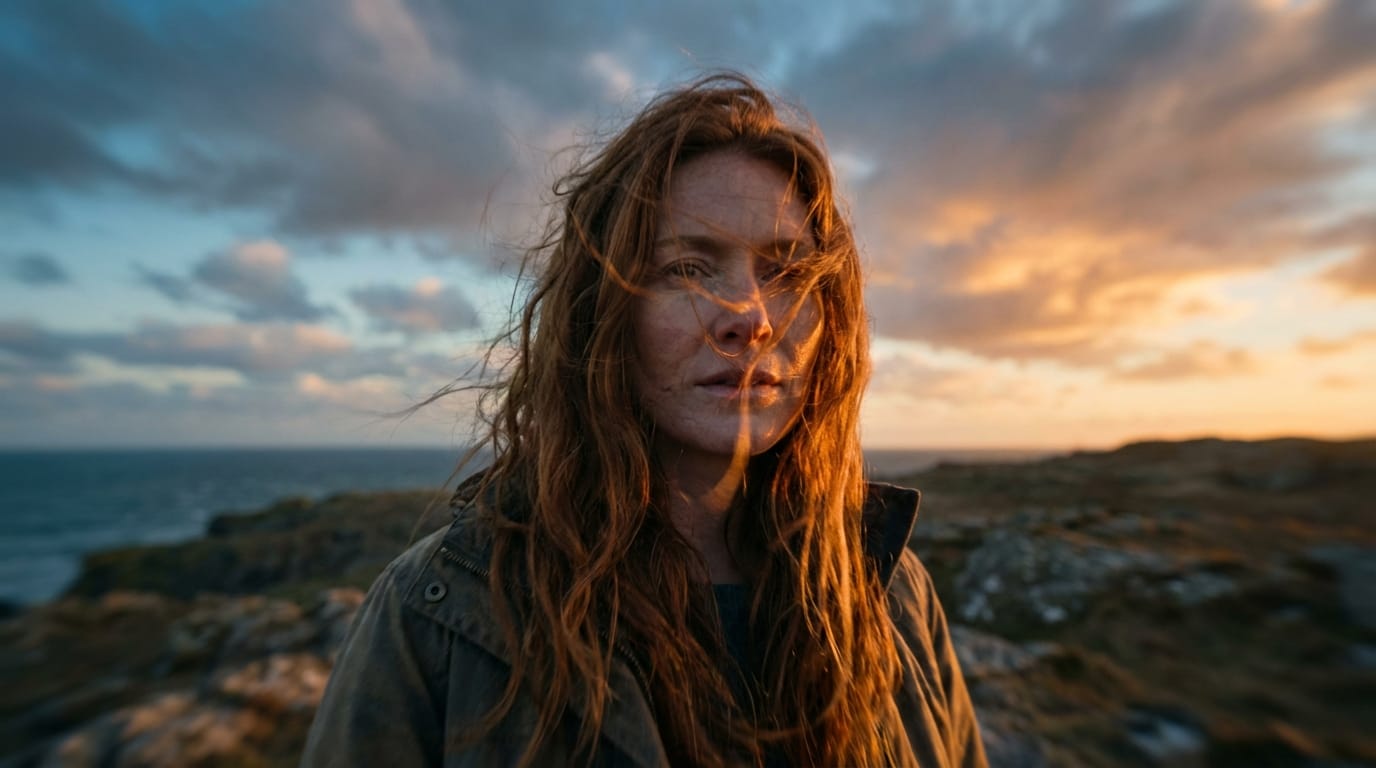 Camera slowly zooming in, wind blowing through hair, dynamic lighting shift, cinematic movement.