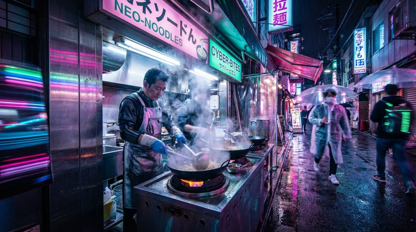 A cyberpunk street food vendor cooking rapidly, neon lights reflecting in the rain, vertical video format, vibrant colors, fast motion