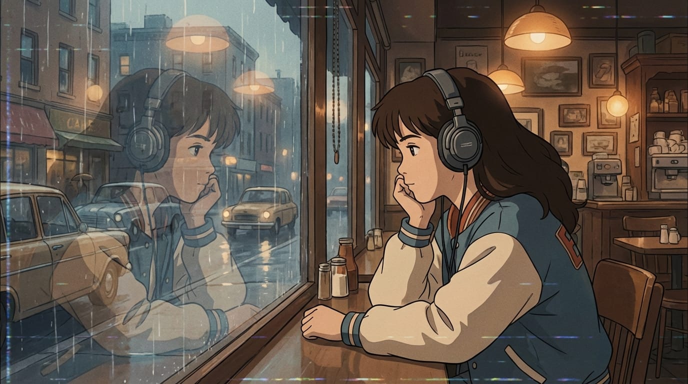 90s anime style, a girl sitting at a cafe window looking at rain, lo-fi aesthetic, nostalgic vibe, detailed reflection.
