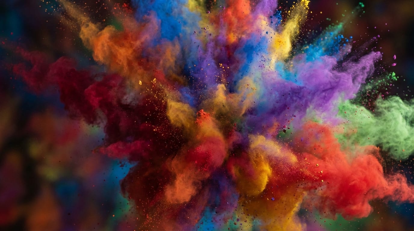 A colorful explosion of powder paints, slow motion, macro shot, high detail