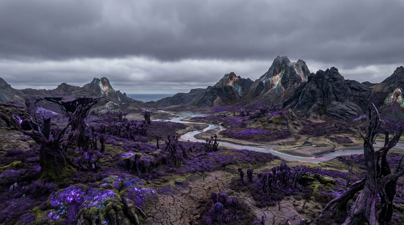 Aerial drone shot flying over a vast alien landscape with purple foliage and jagged mountains, overcast sky, realistic textures, stable horizon line for compositing, 4k resolution