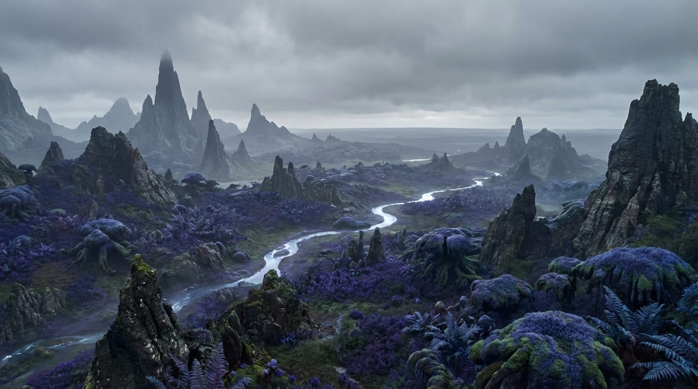 Aerial drone shot flying over a vast alien landscape with purple foliage and jagged mountains, overcast sky, realistic textures, stable horizon line for compositing, 4k resolution.