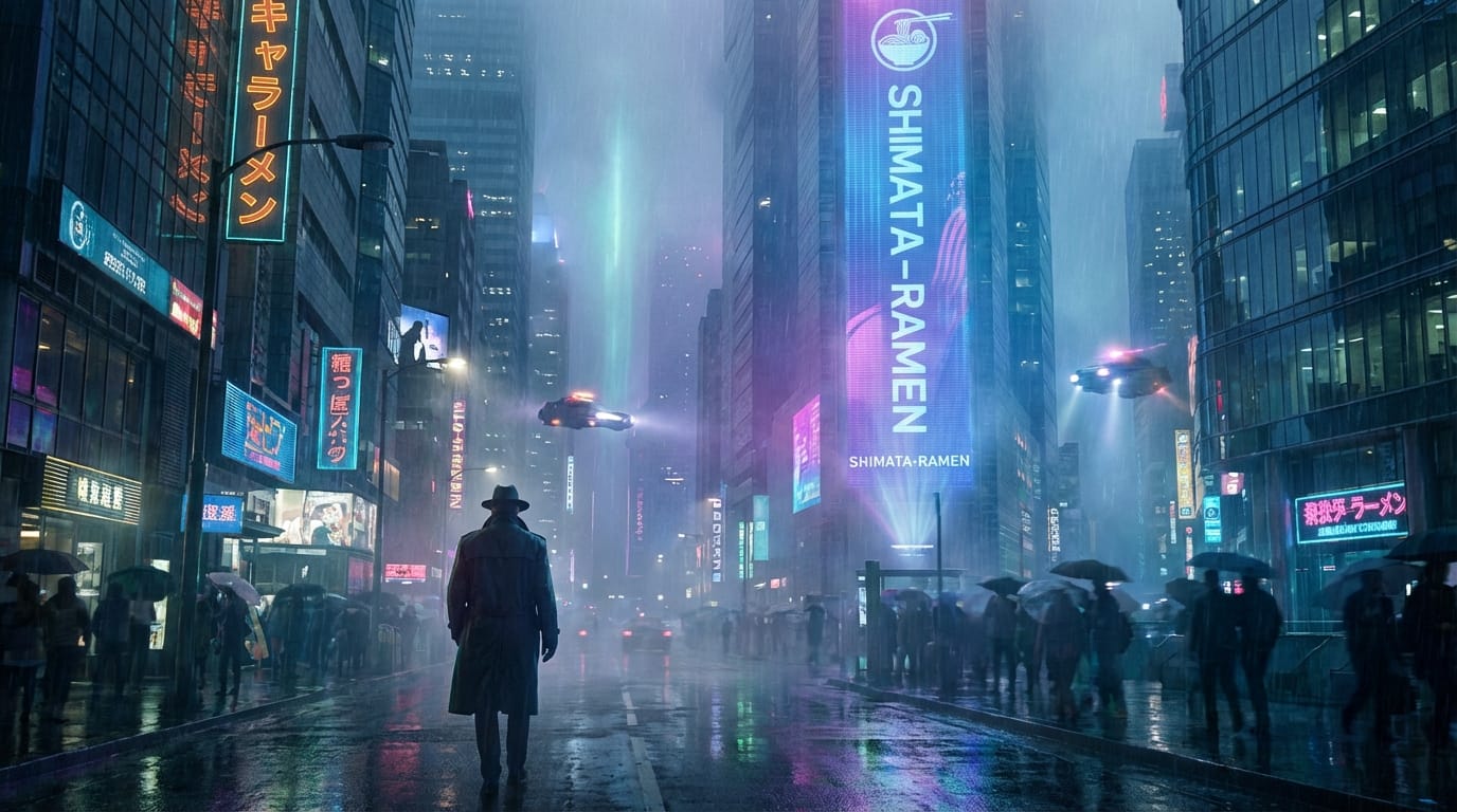 Wide shot of a cyberpunk street at night, neon rain, a detective in a trench coat walking away from the camera, camera trucks left to right revealing a towering hologram, blade runner style, volumetric fog, cinematic lighting.