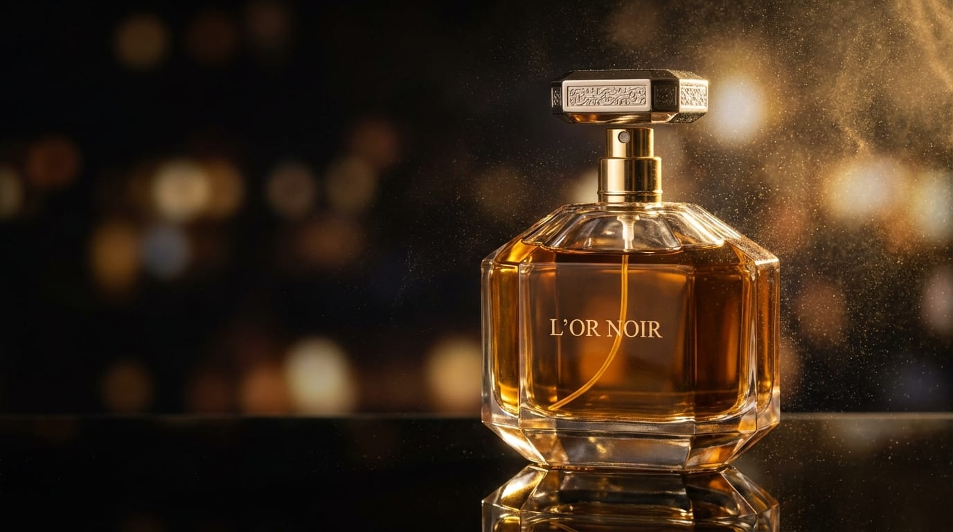 A cinematic close-up of a luxury perfume bottle on black glass, dramatic rim lighting, golden particles floating in the air, 85mm lens, f/1.8, slow dolly in, photorealistic 8k resolution, high contrast
