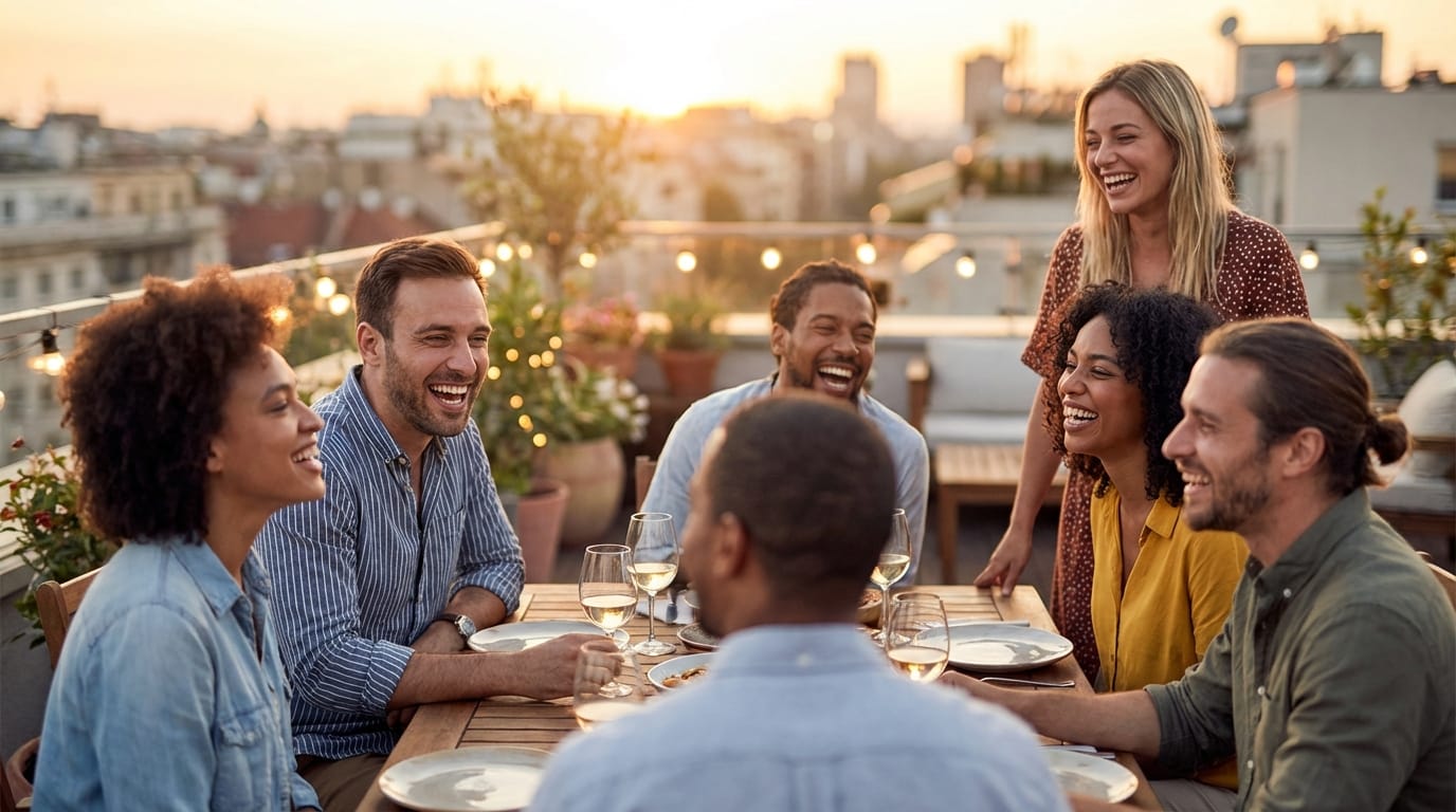 Eye-level medium shot of a diverse group of friends laughing at a rooftop dinner party during sunset, soft bokeh background, warm lighting, slow motion 60fps, natural acting, high definition commercial look.