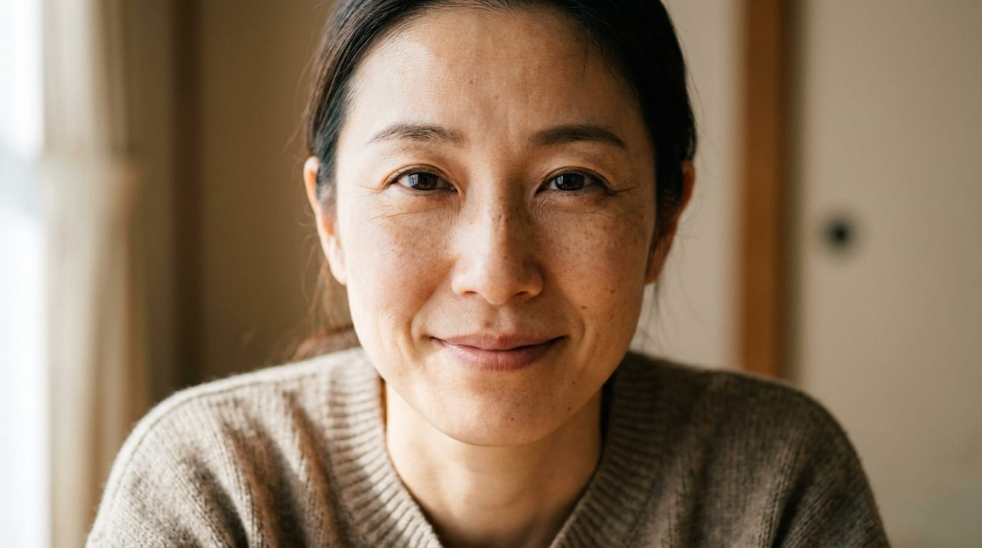 Raw photo, close-up portrait of a Japanese female model, looking directly at the viewer, gentle smile, natural lighting, soft shadows, high detail skin texture, 8k resolution, shot on Sony A7R IV, 85mm lens.