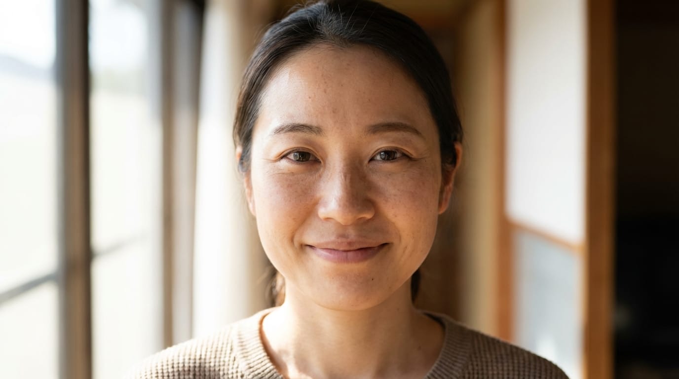 Raw photo, close-up portrait of a Japanese female model, looking directly at the viewer, gentle smile, natural lighting, soft shadows, high detail skin texture, 8k resolution, shot on Sony A7R IV, 85mm lens.
