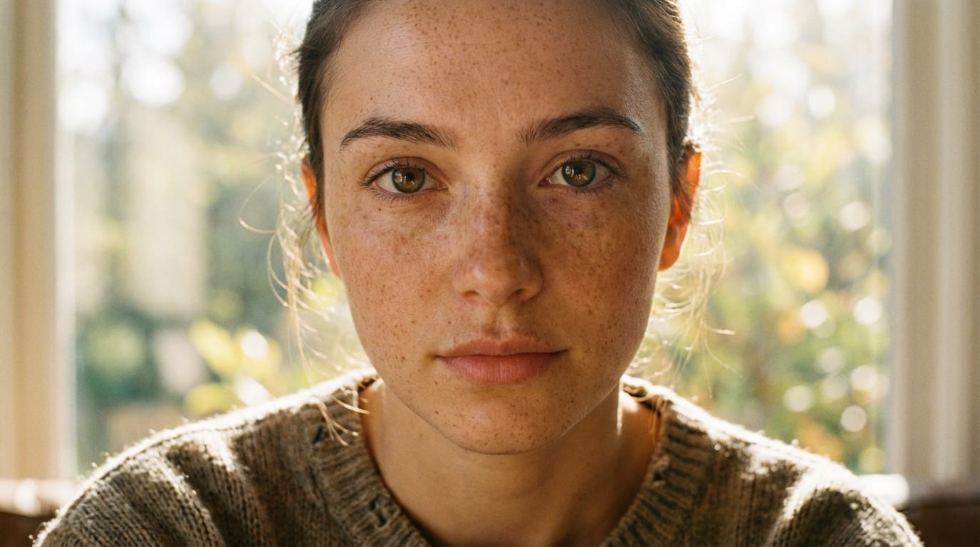 hyper-realistic close-up portrait of a young woman with freckles, natural makeup, shot on 35mm film, soft morning light, detailed skin texture, distinct pores, shallow depth of field, eyes looking at camera
