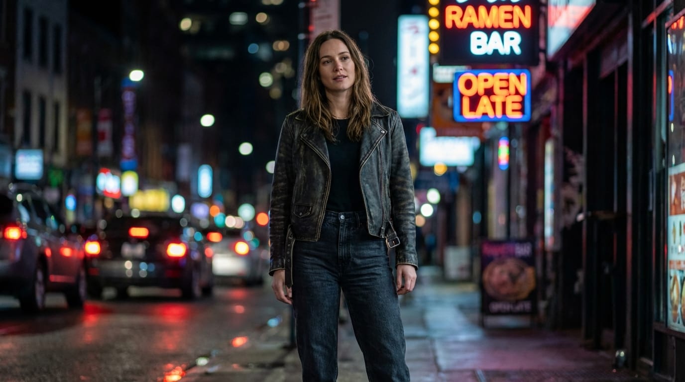 Full body shot, realistic photograph of a woman standing on a city street at night, wearing a casual leather jacket and jeans, neon lights in background, bokeh effect, realistic body proportions, cinematic lighting, photorealistic, 4k.