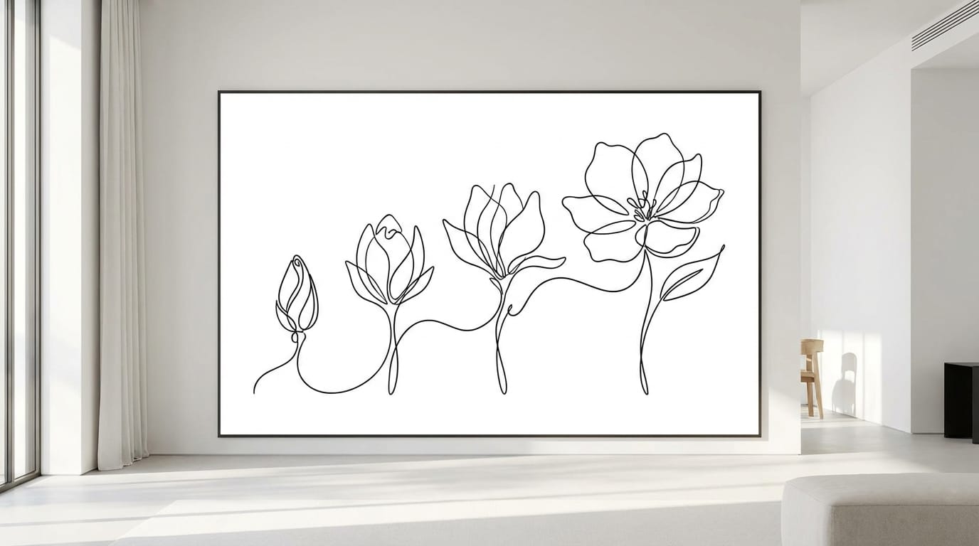 A continuous line art animation of a flower blooming, minimalist black lines on a white background, smooth and fluid motion, elegant and simple aesthetic suitable for modern decor
