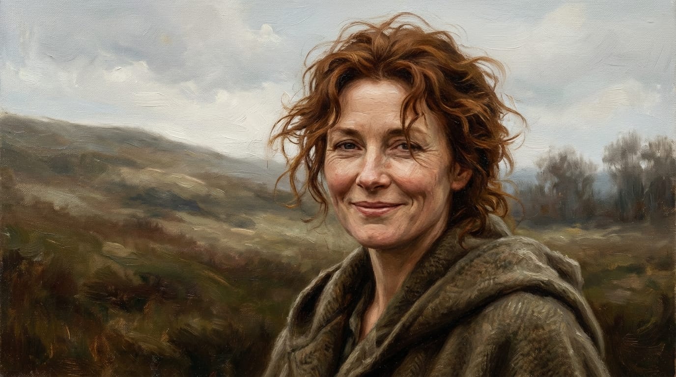 The character in the illustration smiles gently and looks towards the camera, wind blowing through hair, subtle movement, high fidelity expression, maintaining the original oil painting art style