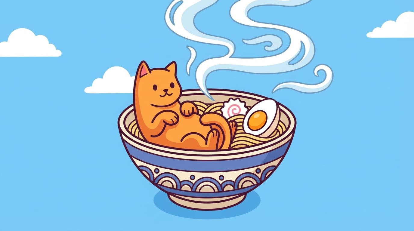 A flat vector art style animation of a cute orange cat sitting in a ramen bowl, bold outlines, vibrant flat colors, steam rising smoothly from the bowl