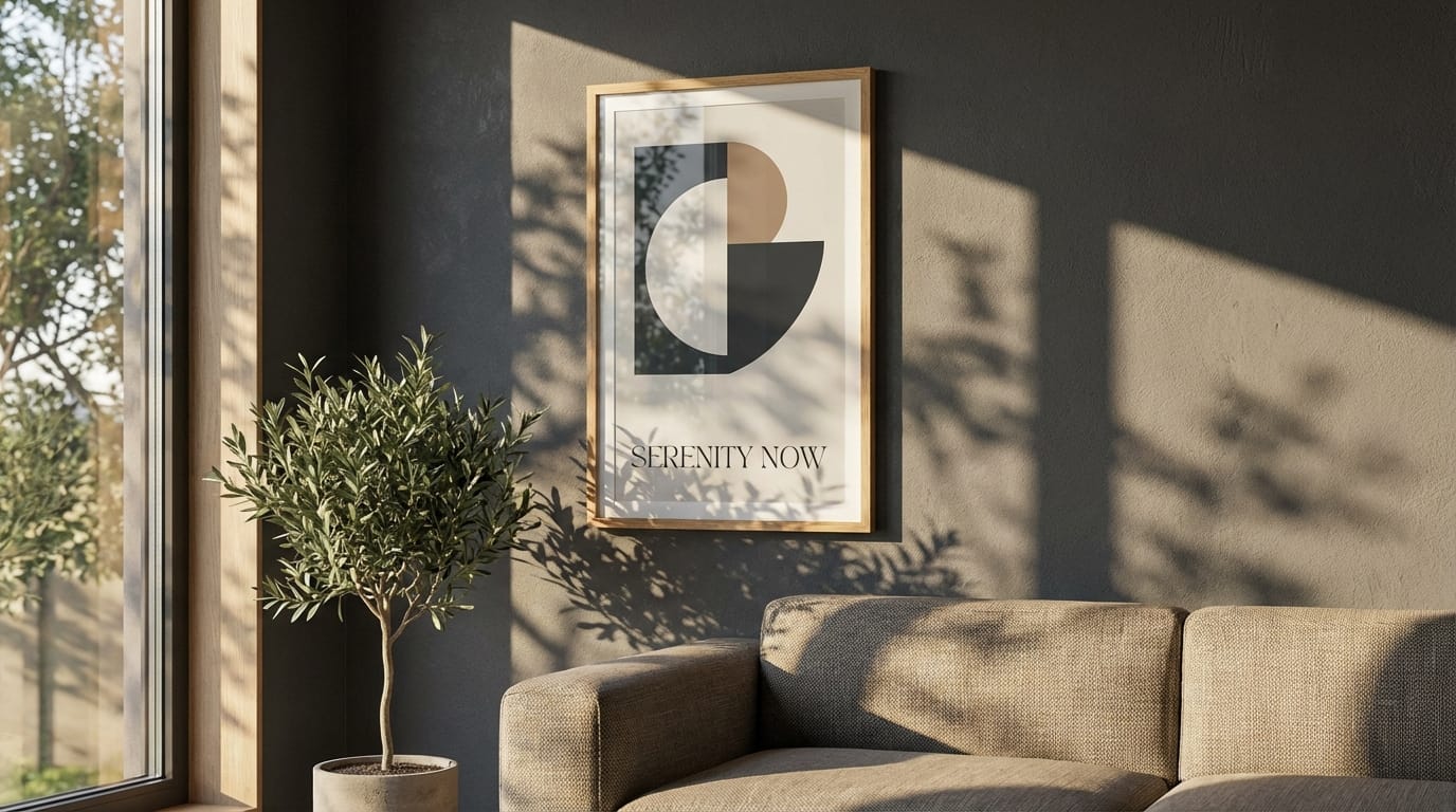 A cinematic product showcase video of a framed poster on a modern living room wall, sunlight casting moving shadows across the art, 4k resolution