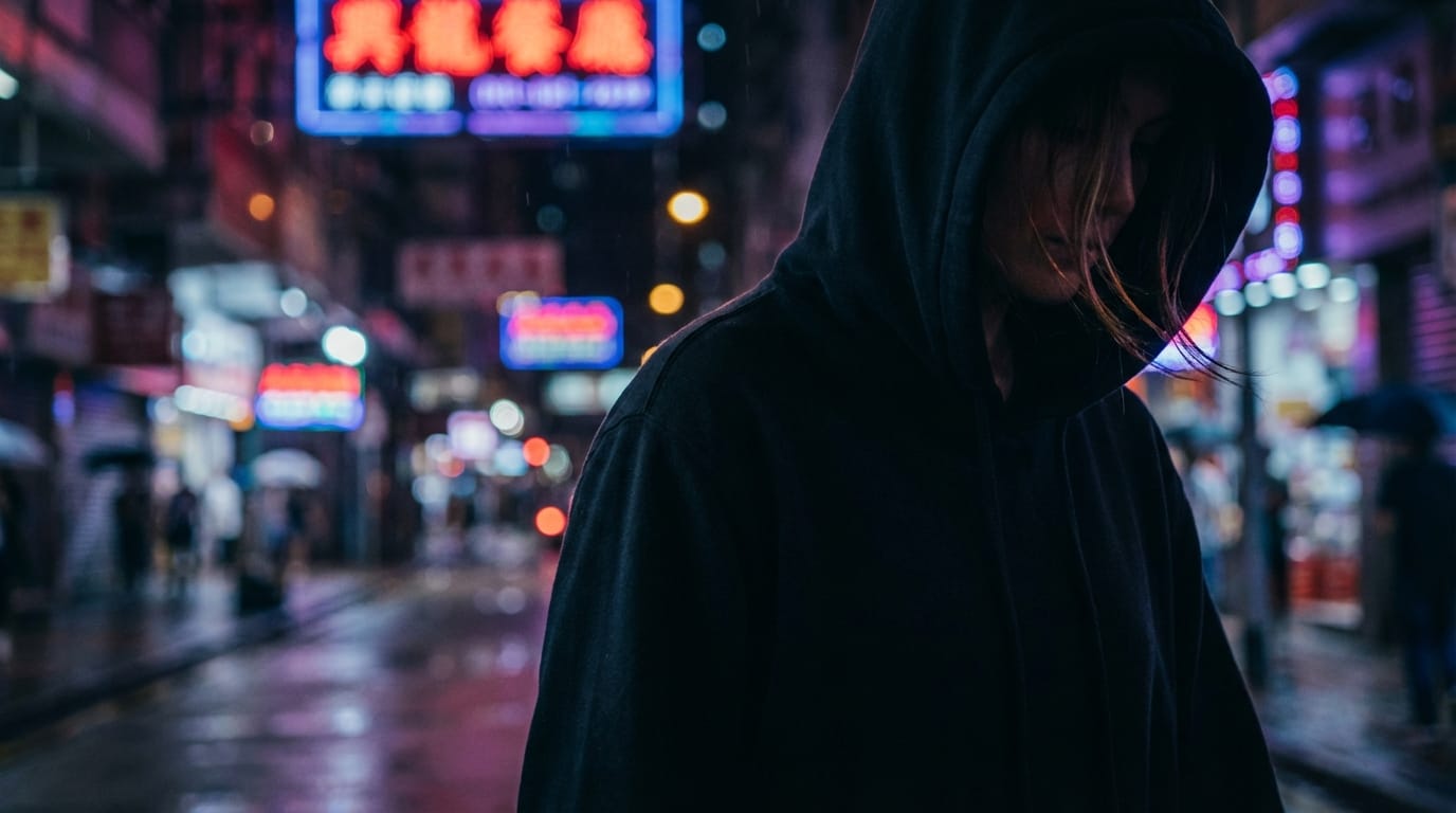 A close-up slow motion video of a person wearing a blank black hoodie walking down a neon-lit urban street at night, cinematic bokeh lights in the background, realistic fabric texture, professional fashion cinematography style