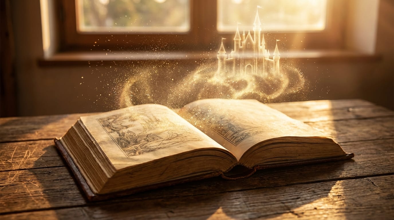 An open storybook on a wooden table, magic golden dust flying out of the pages forming a castle, cinematic lighting, photorealistic texture, 4k