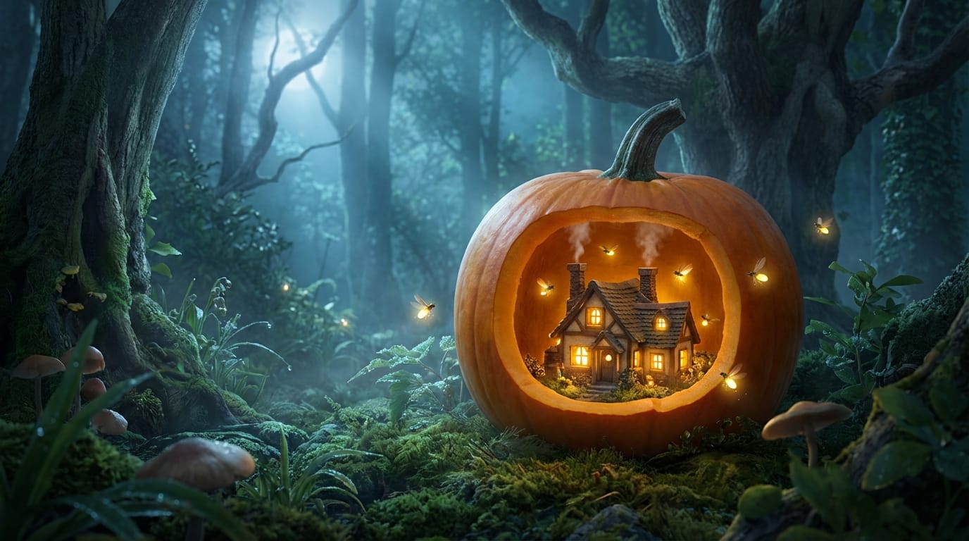 A whimsical fairy tale scene, a tiny glowing house inside a giant pumpkin, fireflies dancing around, soft moonlight, cinematic lighting, 8k resolution, magical atmosphere