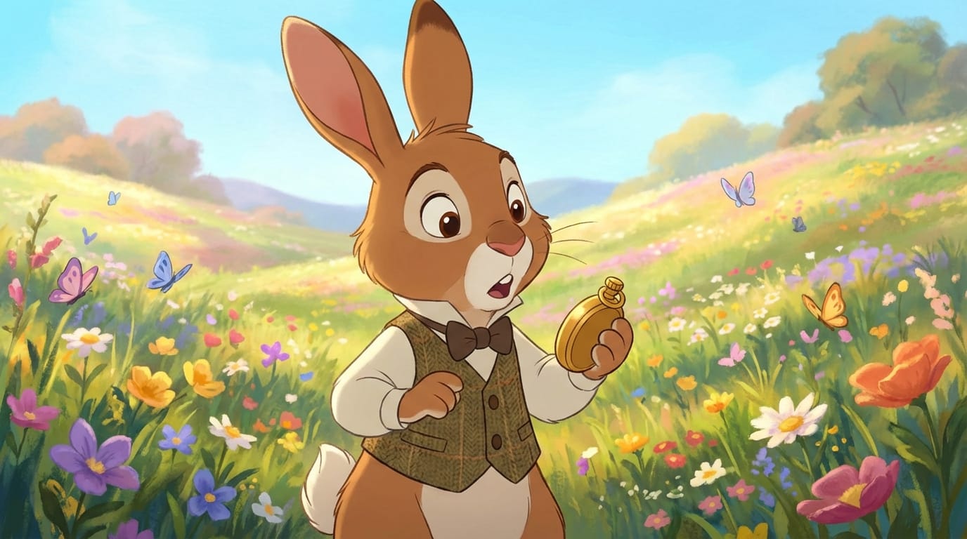 A cute animated rabbit wearing a vest looking at a pocket watch, standing in a flower field, disney style animation, vibrant colors, expressive face
