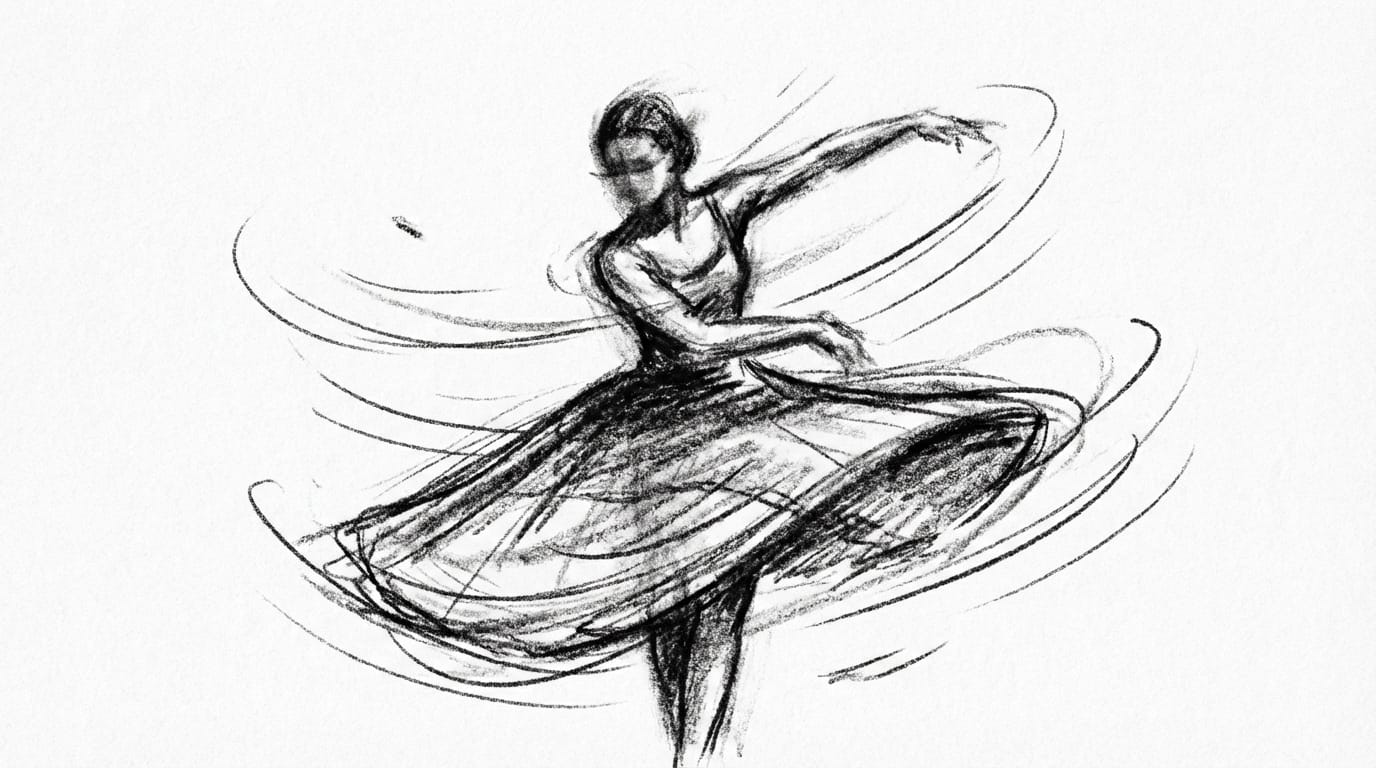 A rough pencil sketch animation of a dancer spinning, charcoal lines, white paper background, dynamic motion lines, rough texture, high contrast, monochrome