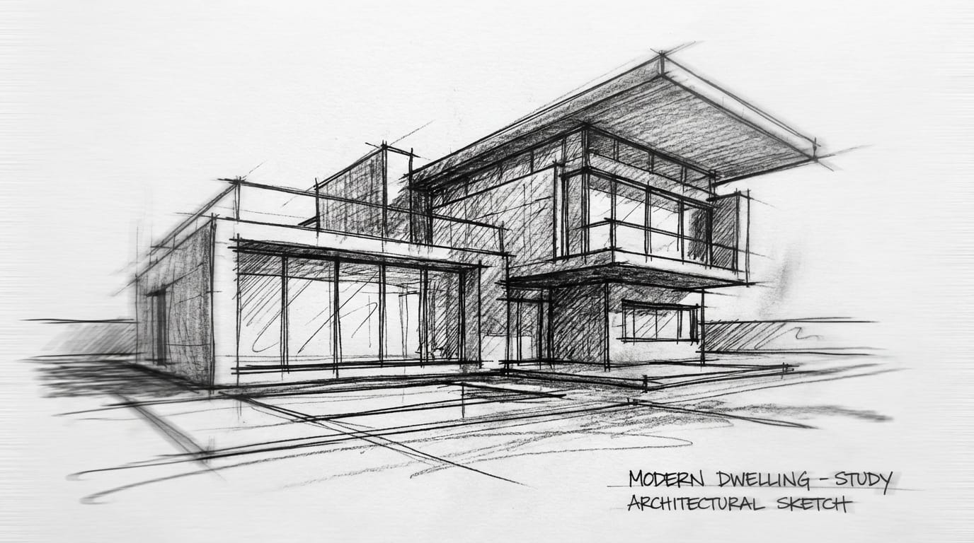 Architectural sketch of a modern house, ink drawing, lines forming the building, white background, loose artistic style, cinematic camera pan