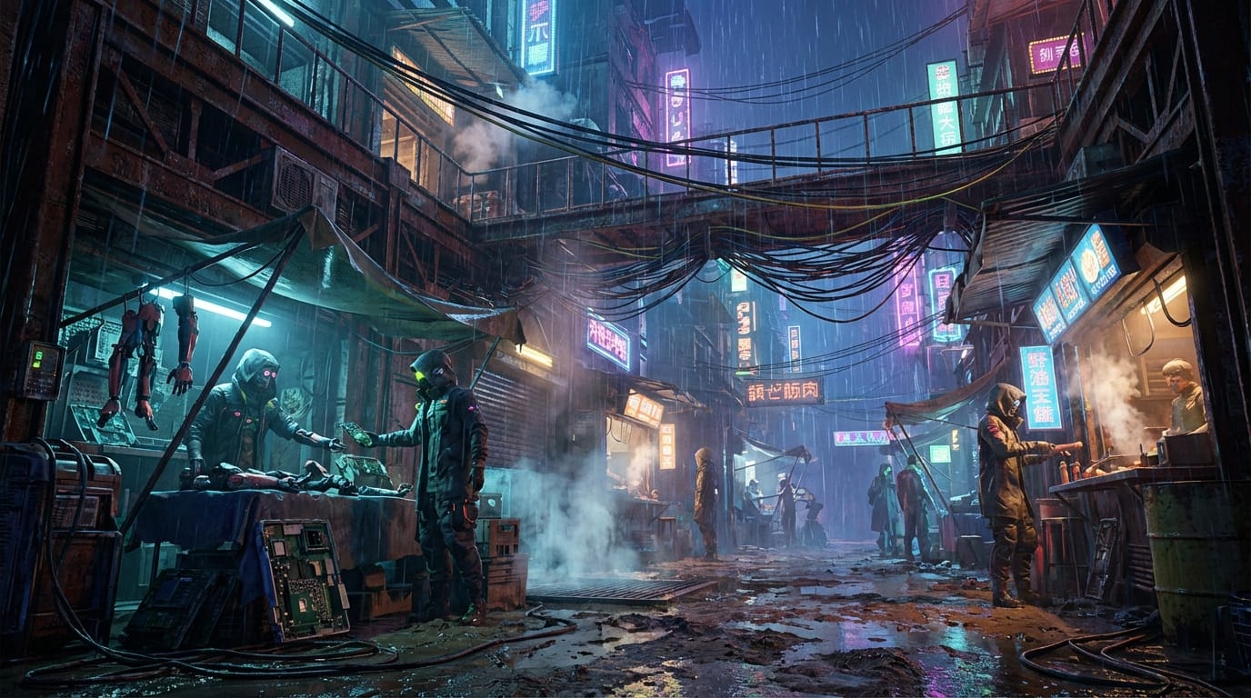 A panoramic concept art piece for a sci-fi RPG, low angle view of a cyberpunk slum market at night, neon rain, volumetric fog, high tech scavengers trading cybernetic parts, intricate cable management, rusty metal textures, cinematic lighting, unreal engine 5 render style --ar 16:9 --v 7