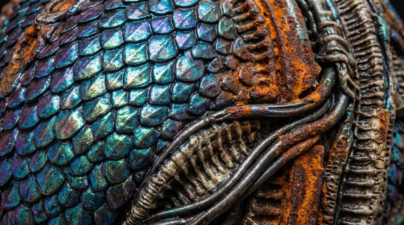 close up texture detail of alien organic metal, iridescent scales merging with rusted iron, H.R. Giger style influence, hyper-realistic material reference --v 7