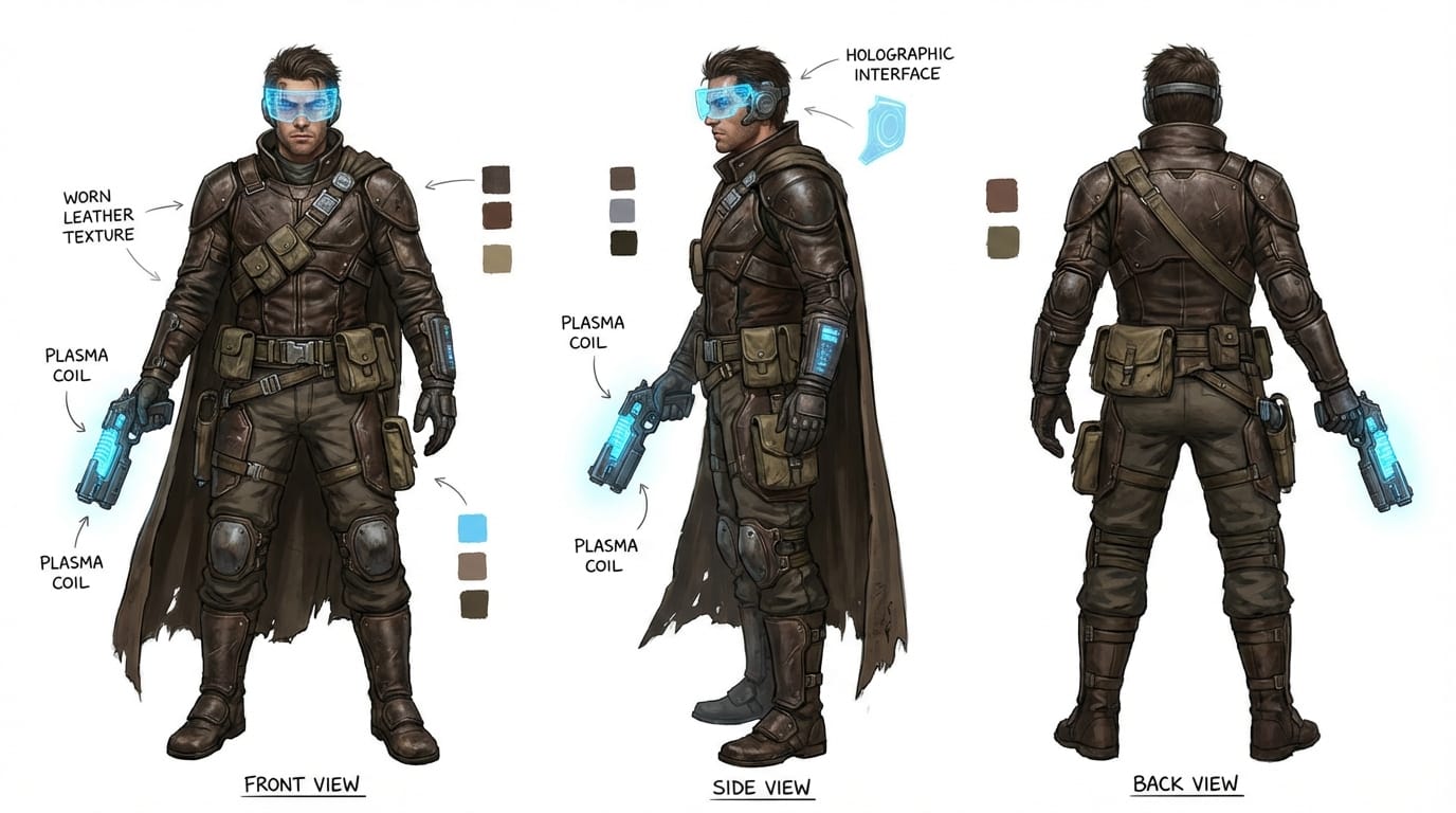 Full body character design of a rogue space pirate, wearing worn leather tactical gear and a holographic visor, holding a plasma pistol, white background, three views: front, side, and back, concept art style, detailed fabric textures, 4k resolution --v 7