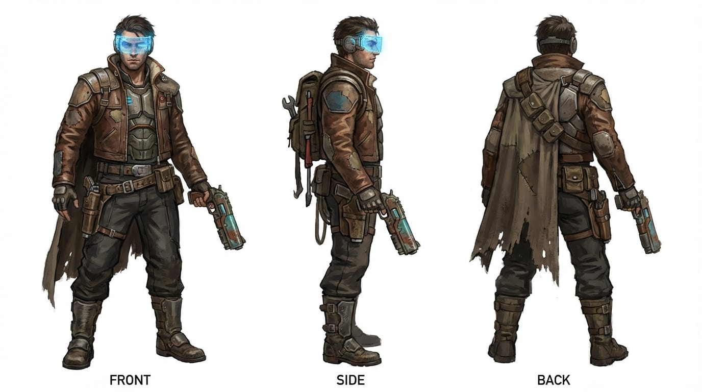 Full body character design of a rogue space pirate, wearing worn leather tactical gear and a holographic visor, holding a plasma pistol, white background, three views: front, side, and back, concept art style, detailed fabric textures, 4k resolution --v 7