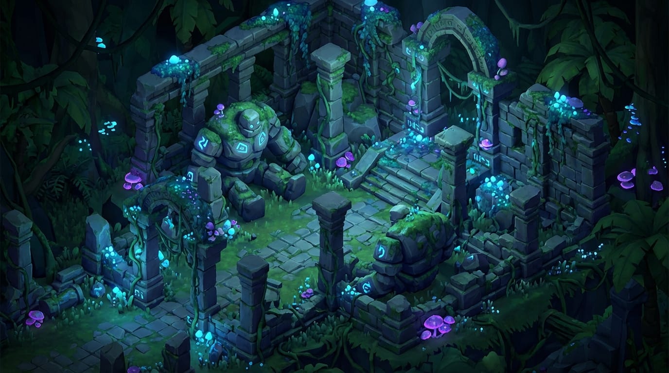 Isometric view of a forgotten temple ruin in a dense jungle, overgrown with bioluminescent flora, ancient stone golems dormant in the shadows, mystical atmosphere, dungeon crawler game asset style, orthographic projection --v 7