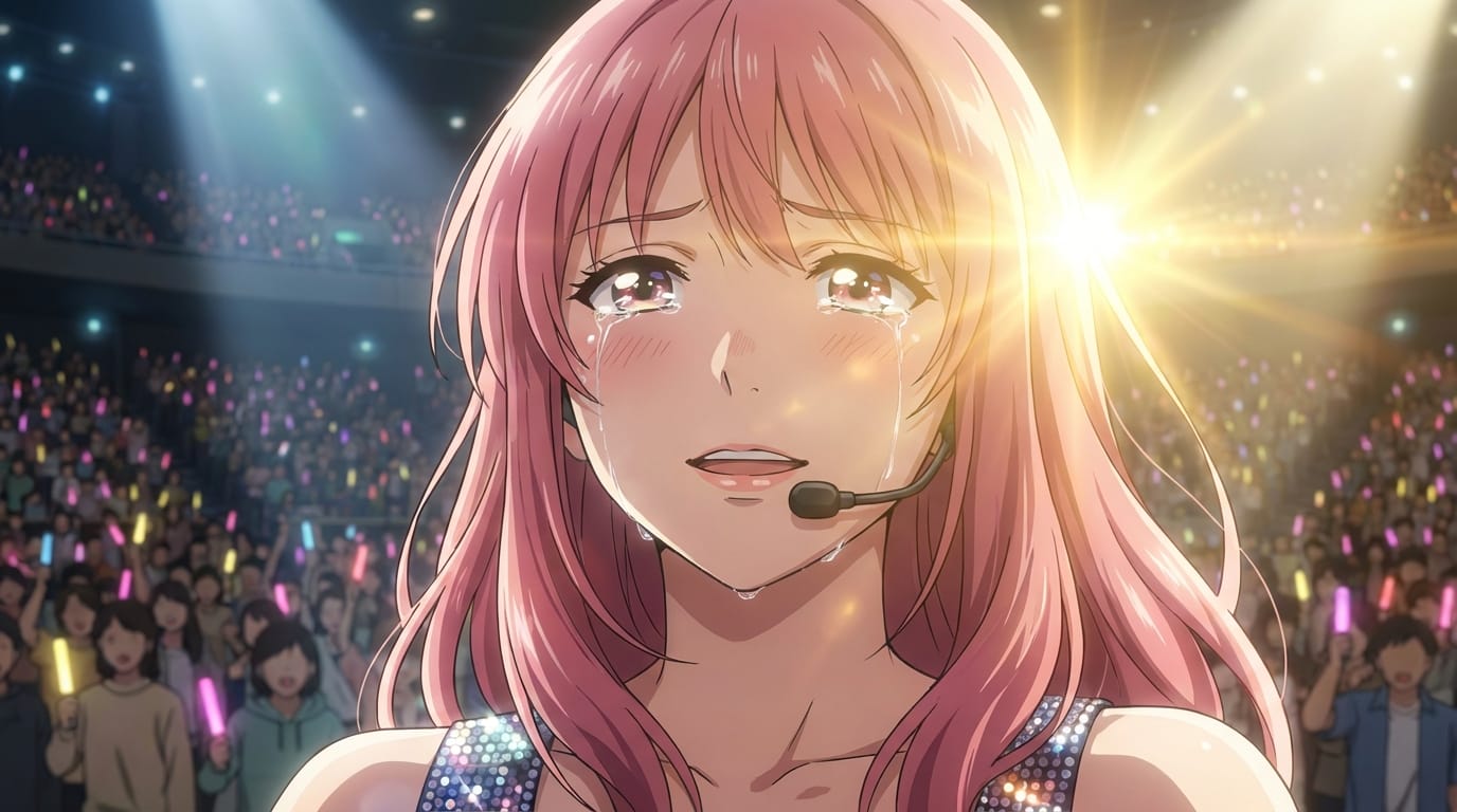 Close up of an anime girl singing passionately on stage, tears in eyes, lens flare, detailed background crowd