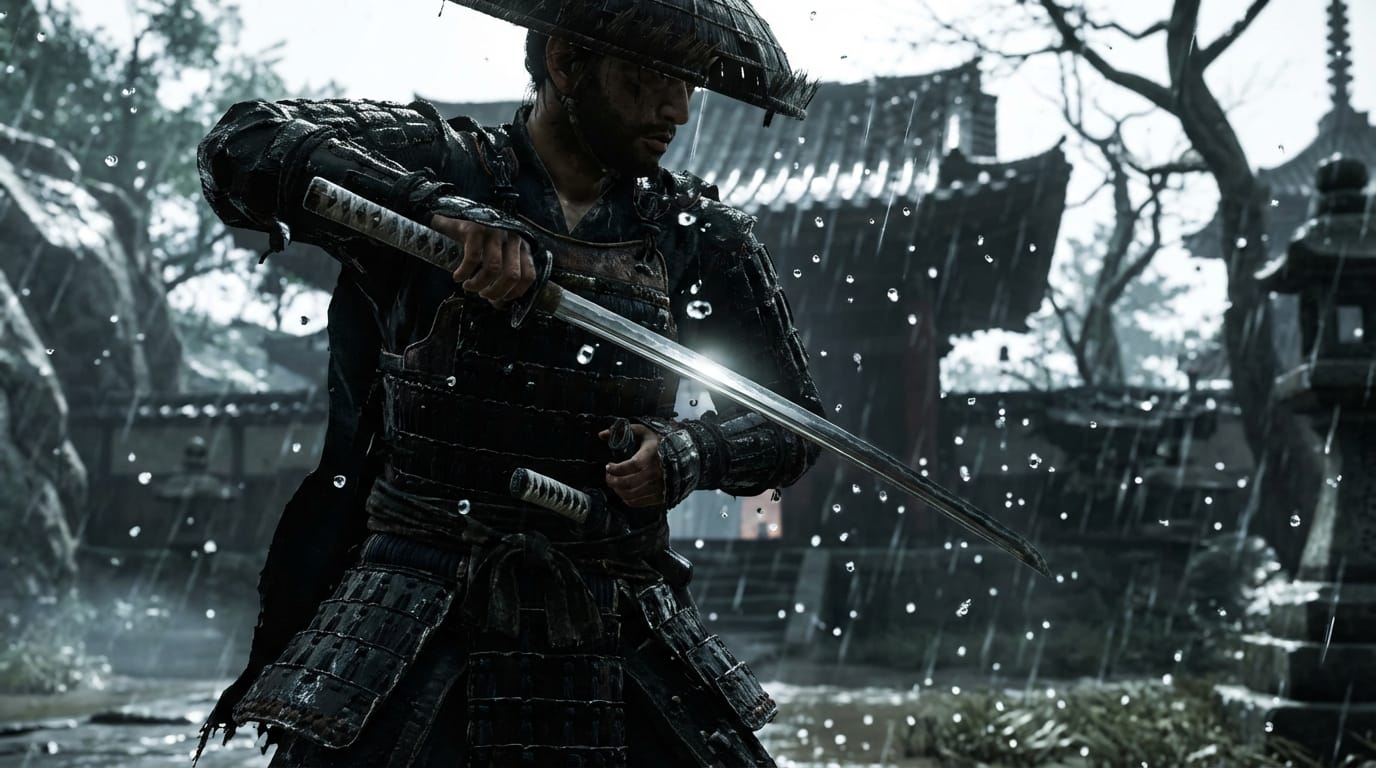 A cinematic shot of a samurai drawing a sword in heavy rain, water droplets freezing in mid-air, high contrast, intense focus, 8k resolution