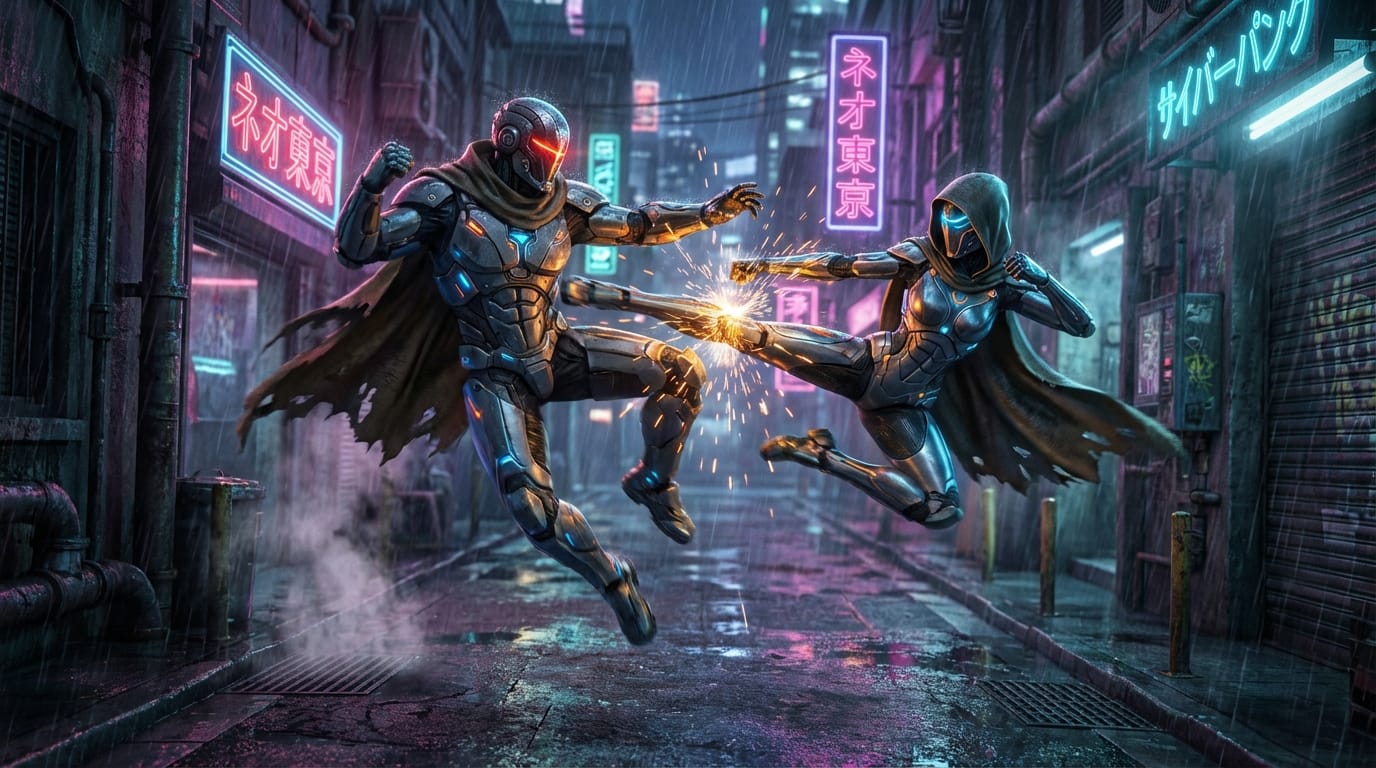 Cinematic wide shot, cyberpunk alleyway, two cyborgs engaging in high-speed hand-to-hand combat. Neon lights reflecting on metallic skin. Sparks flying upon impact. Fluid martial arts movements, dynamic camera angle following the action, 4k resolution, unreal engine 5 style.