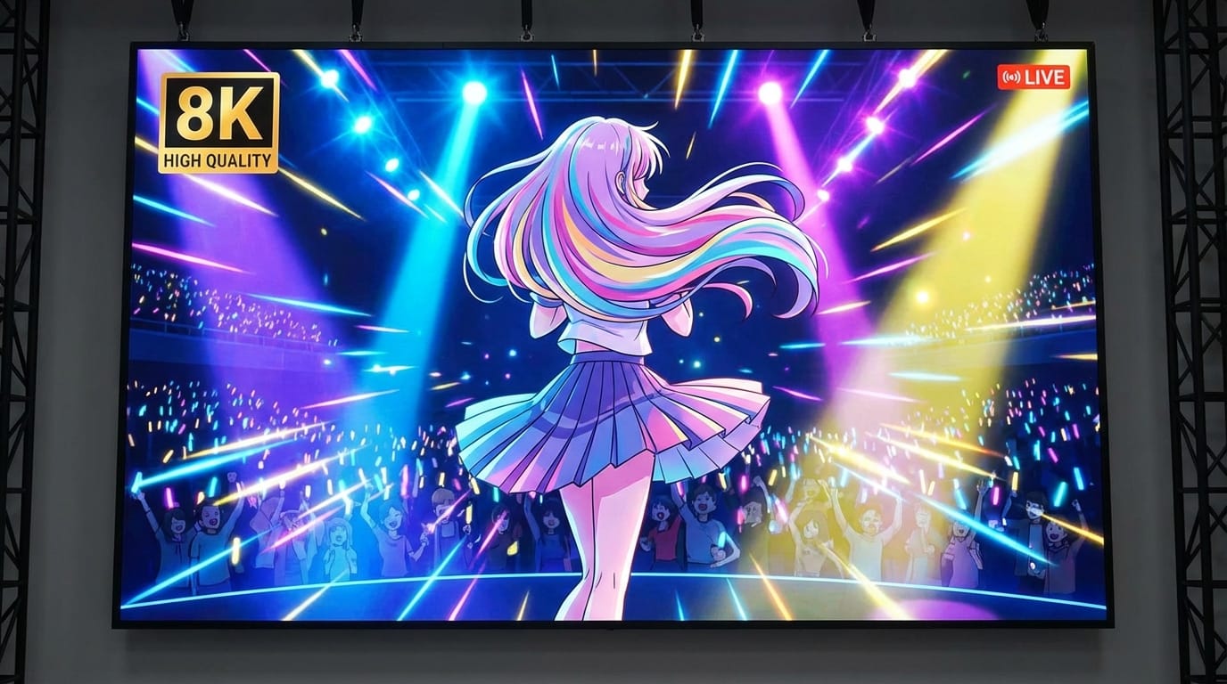 The character performs a high-energy K-pop dance routine. dynamic camera movement, hair and skirt flowing naturally with the spin, stage lighting effects, maintaining consistent anime art style, high frame rate, smooth motion.