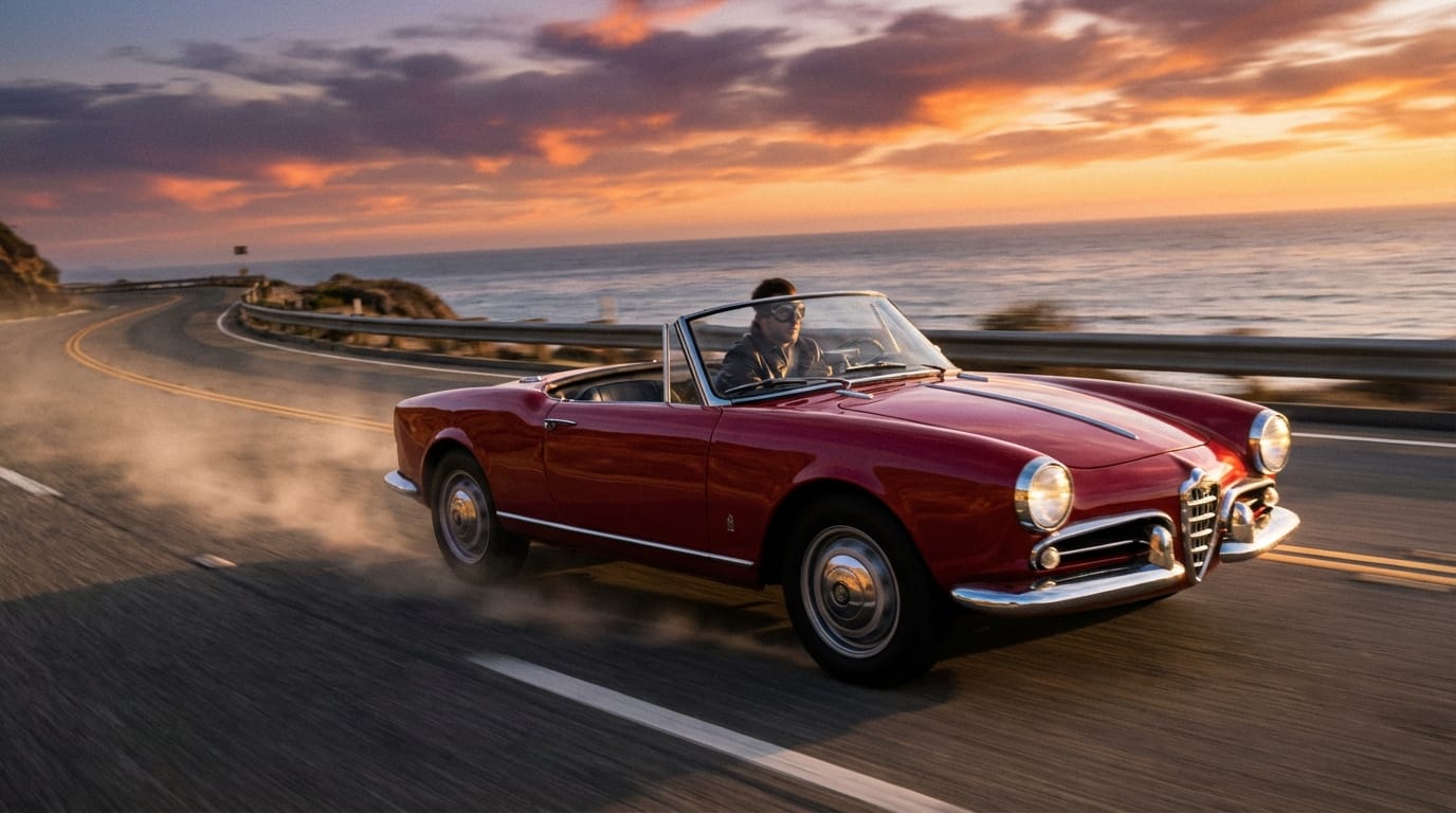 High-speed tracking shot following a red vintage sports car driving along a coastal highway at sunset, low angle, motion blur
