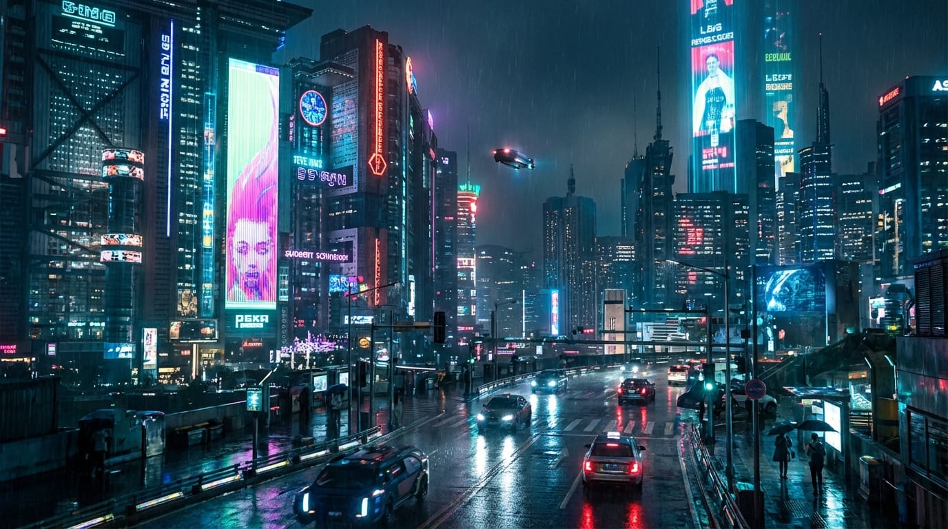 A cinematic crane shot rising above a cyberpunk city at night, neon lights reflecting on wet pavement, high detail, 8k resolution