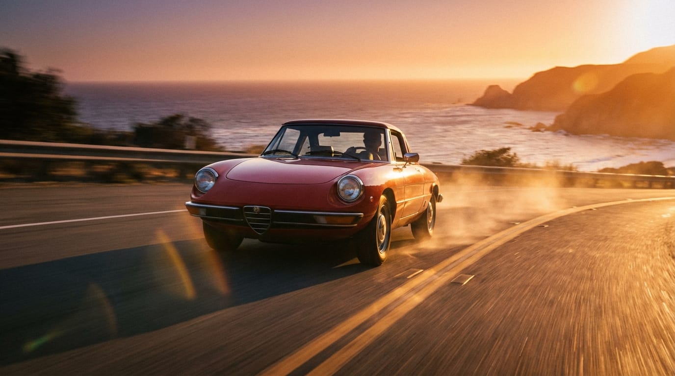 High-speed tracking shot following a red vintage sports car driving along a coastal highway at sunset. The camera stays low to the ground, capturing the motion blur of the asphalt. Lens flare, golden hour lighting, cinematic color grading, hyper-realistic.