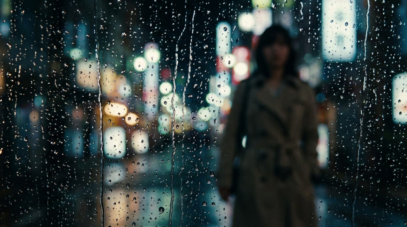 Cinematic rack focus shot. The frame starts focused on rain droplets on a window pane in the foreground. Slowly, the focus shifts to a woman standing outside in a trench coat, looking back with a melancholic expression. Tokyo street background, night time, bokeh lights, 35mm film grain.