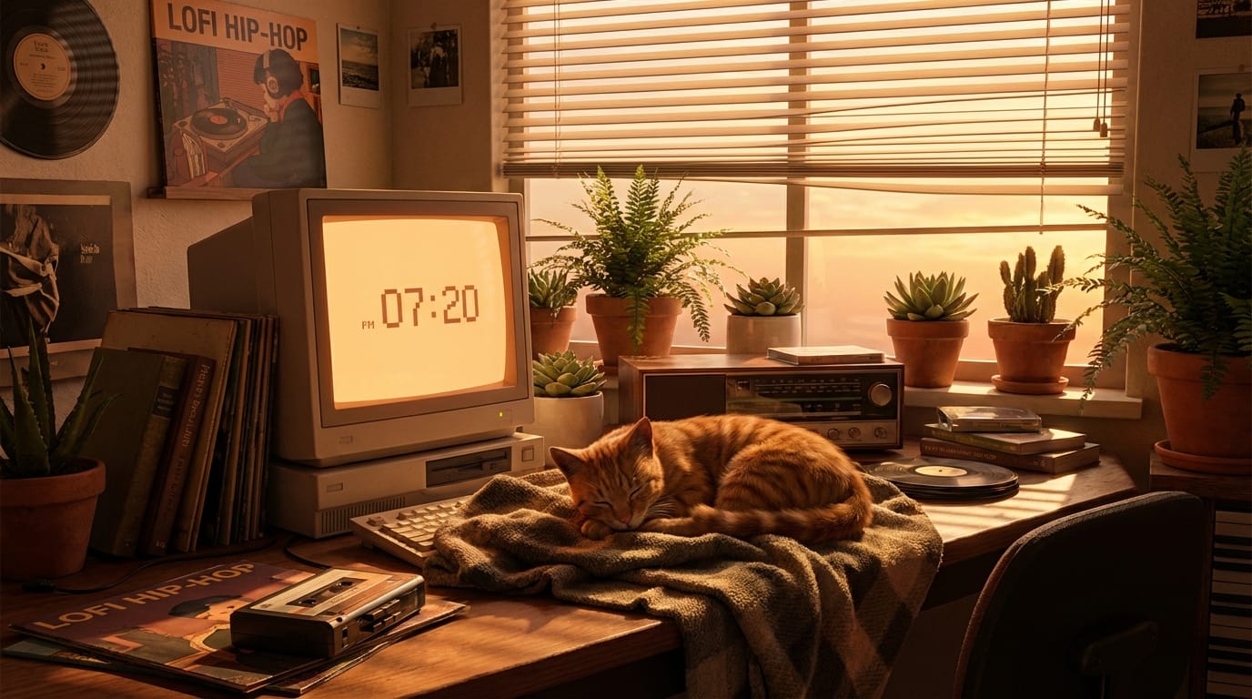 A lo-fi style bedroom desk setup, sunset lighting coming through blinds, potted plants, a sleeping cat, computer screen glowing softly, aesthetic, relaxing, highly detailed, 8k resolution