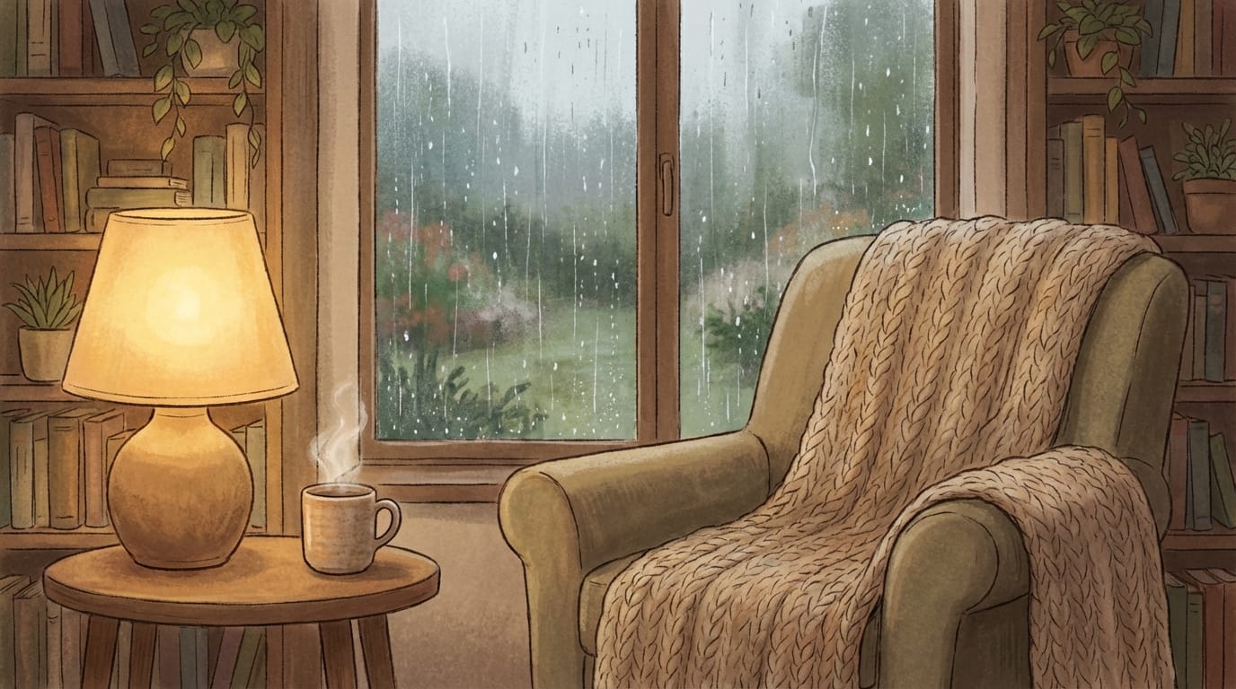 Healing style illustration, a cozy reading nook by a rainy window, soft warm lighting from a lamp, steam rising from a ceramic mug, fluffy blanket, high fidelity, 4k, cinematic lighting, peaceful atmosphere