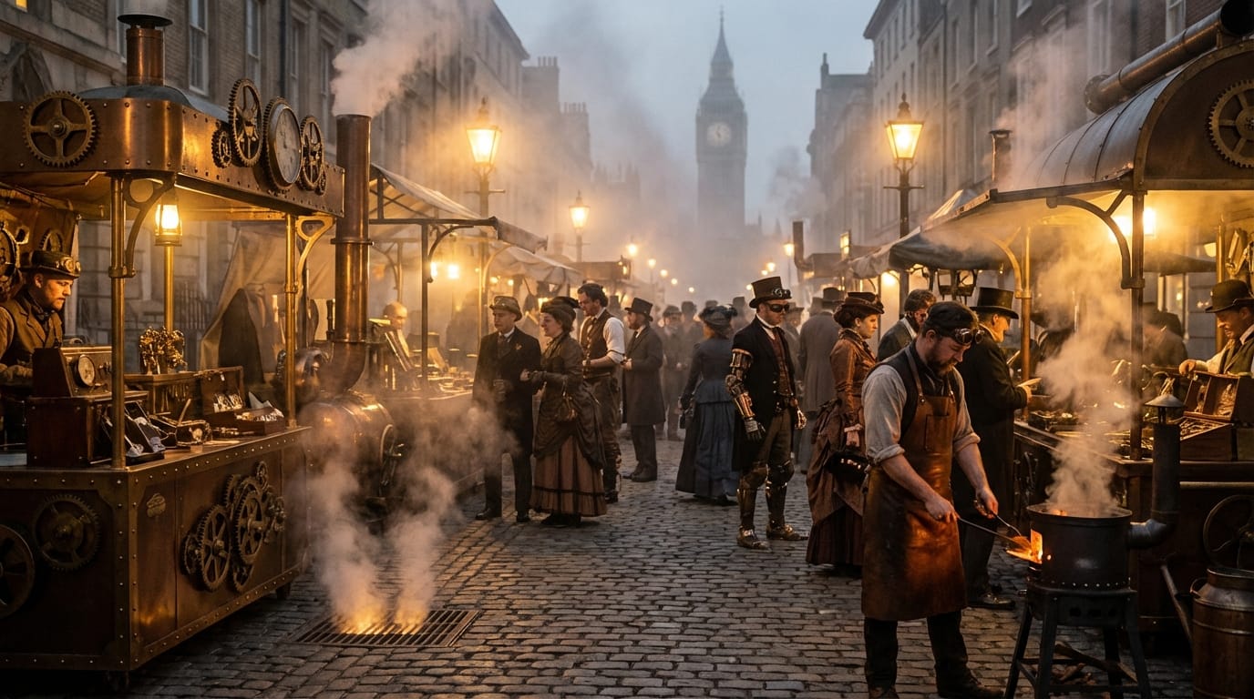 Cinematic shot of a bustling steampunk marketplace, brass stalls, steam rising from vents, victorian crowd walking, warm gaslamp lighting, 4k, highly detailed